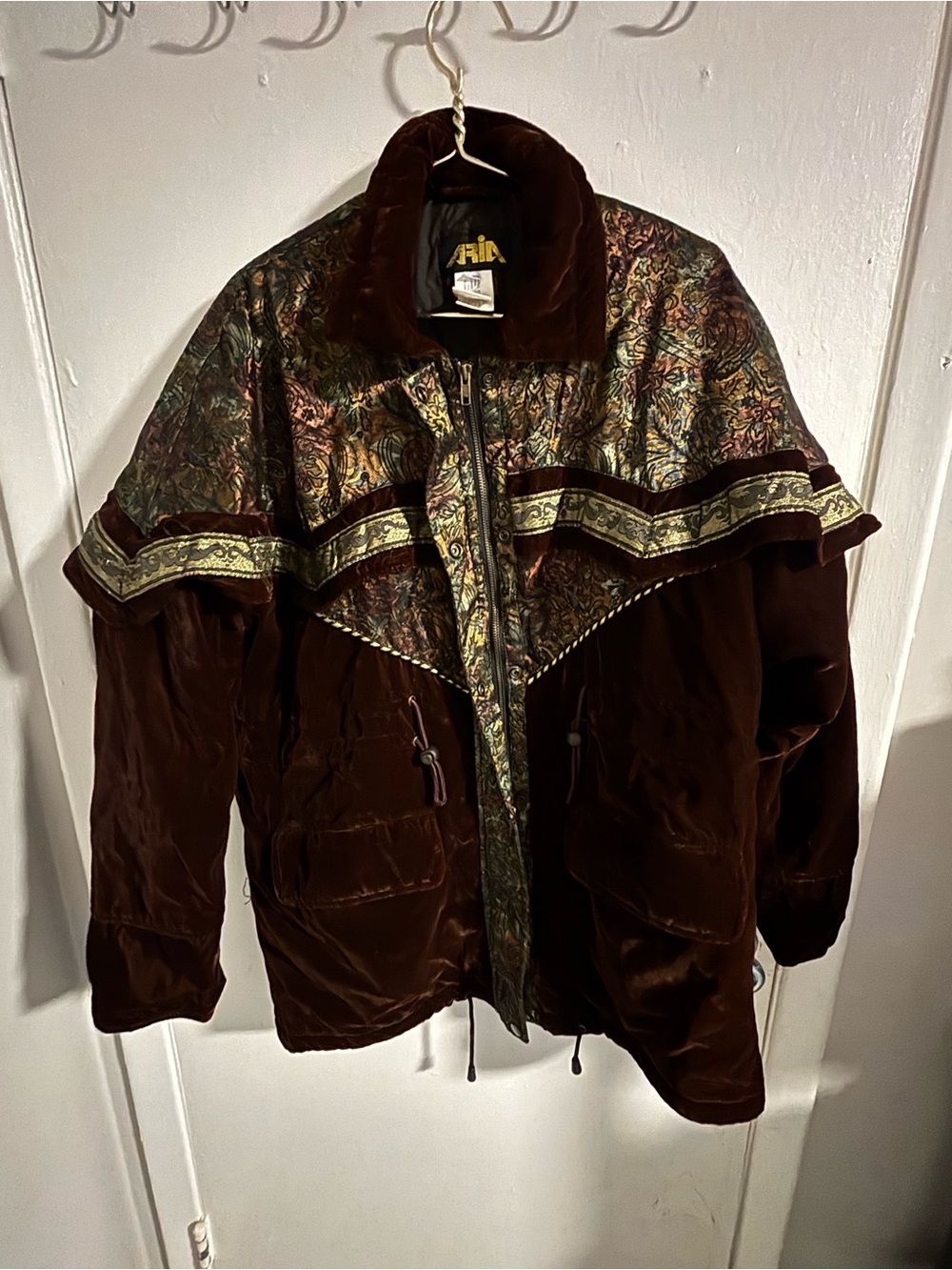 AFIA Brown Velvet Paisley Tapestry Jacket Coat Boho Size Small